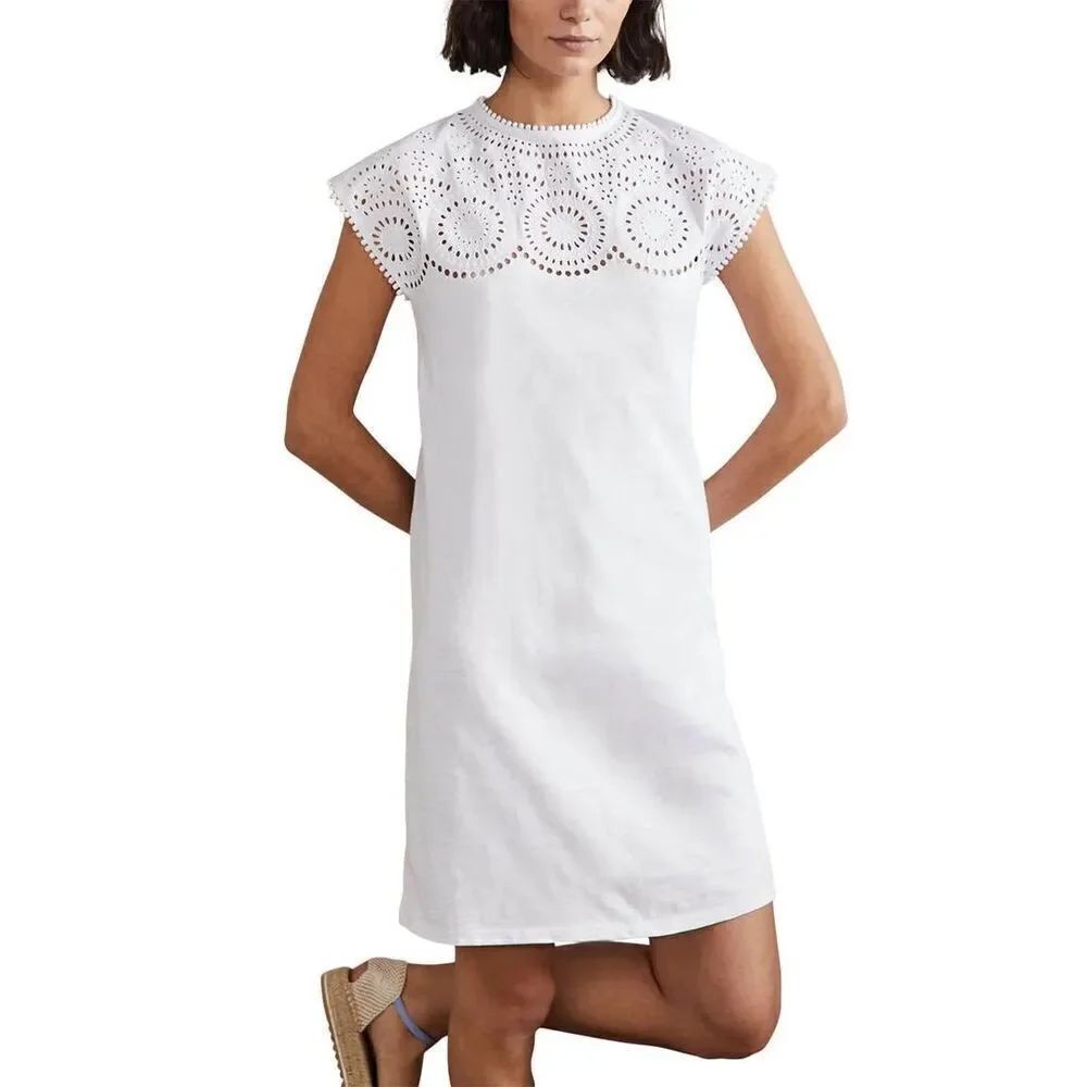 Boden White Jersey Cutwork Embroidered Neckline Cap Sleeve T-Shirt Mini Dress 4R